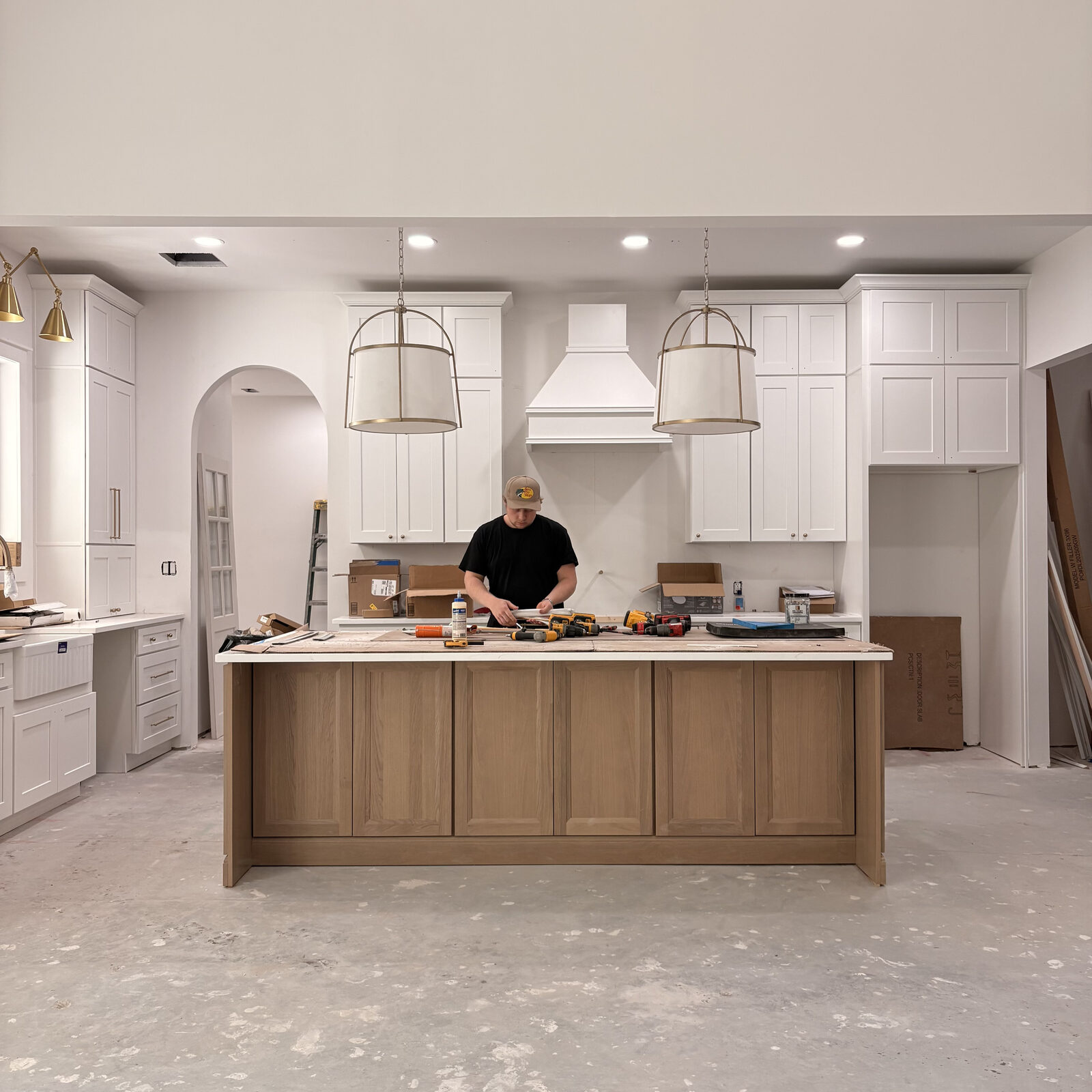 Kitchen island installation in progress